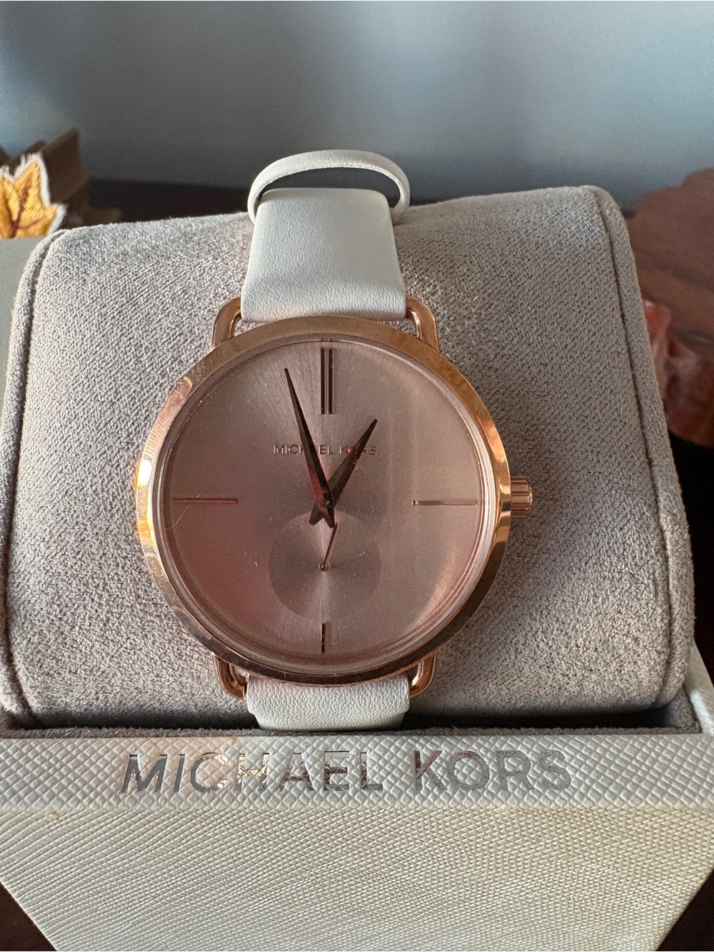 Michael Kors Rose Gold Dial White Leather Strap Women’s Watch with Rose Gold